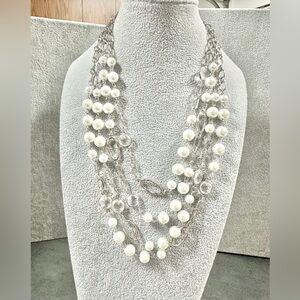 C1946 Faux Pearl Silver Tone Multi chain With Clear Crystal Necklace